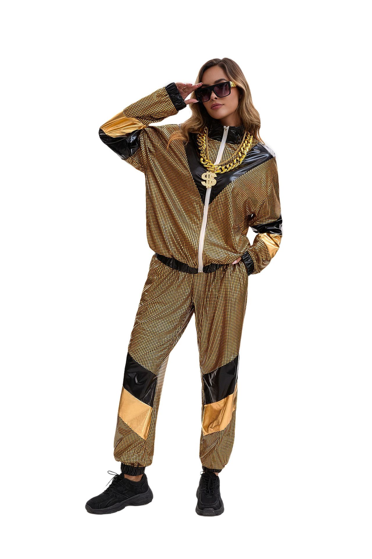 Womens Hip Hop Dance Costume Set 80s Disco Sportswear Two Piece Set Tracksuit